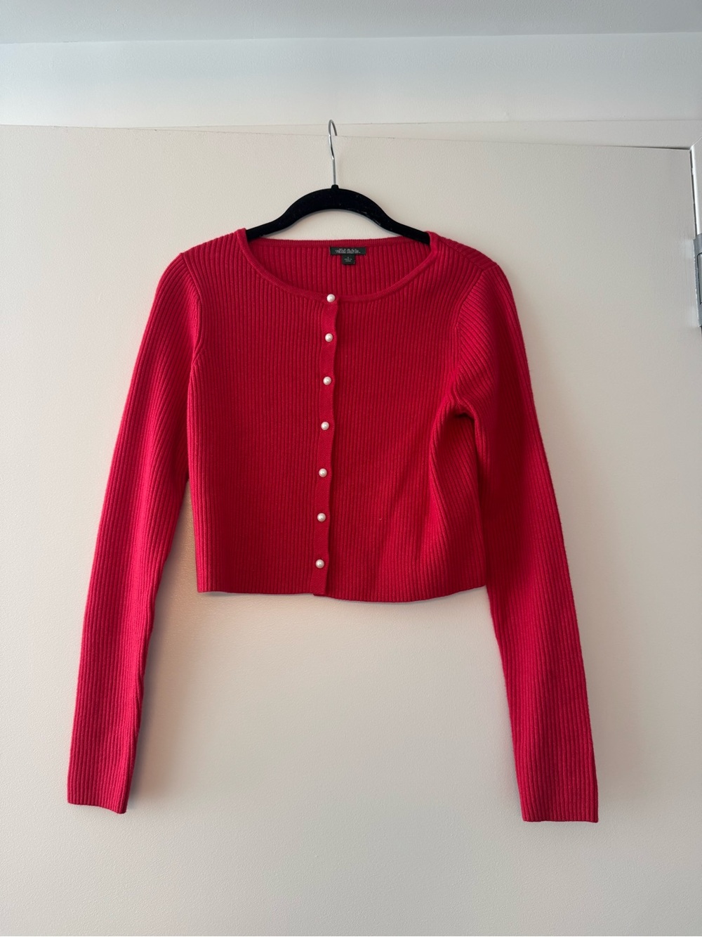wild fable Red Ribbed Cropped Cardigan with Pearl Button